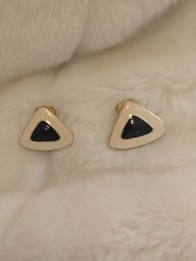 Vintage Gold-Tone Cream  Triangle Earrings with Black Enamel Inset